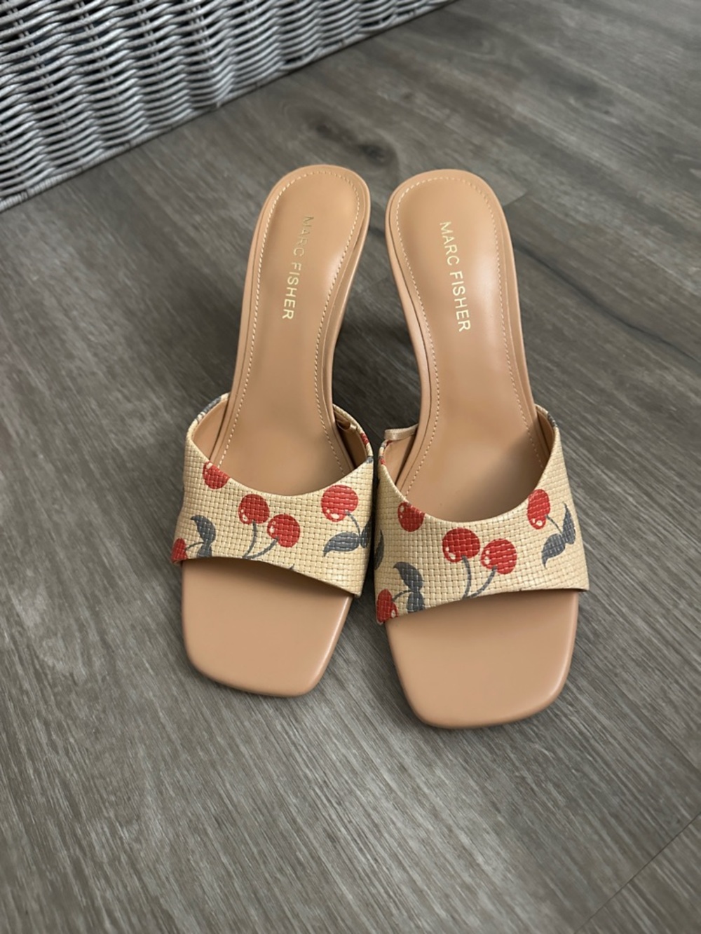 Marc Fisher Peach Slide Heels with Cherry Print - Picture 2 of 8
